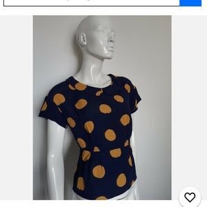 Boden Navy Blouse with Mustard polka dots, size 10 women’s
